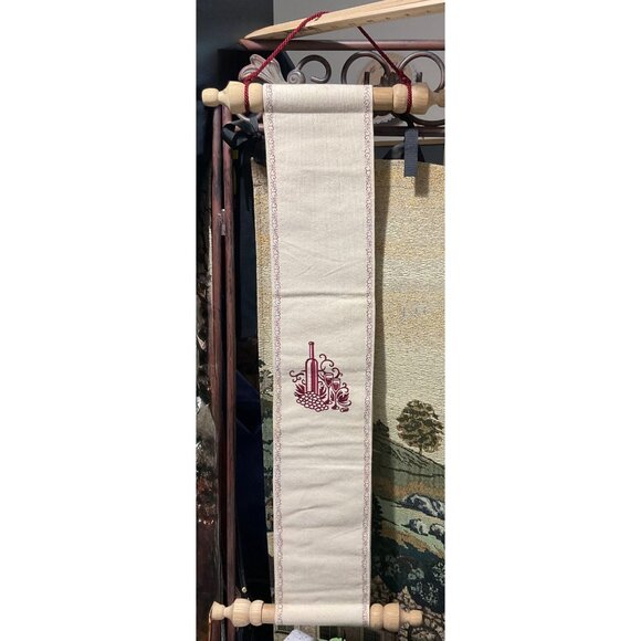 Wine-Themed Embroidered Scroll Wall Hanging With Wooden Rods & Red Cord - Picture 4 of 9